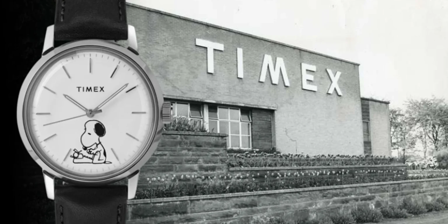 Composite: modern Timex analog watch with Snoopy on dial and black leather strap over black-and-white photo of Timex buildin…