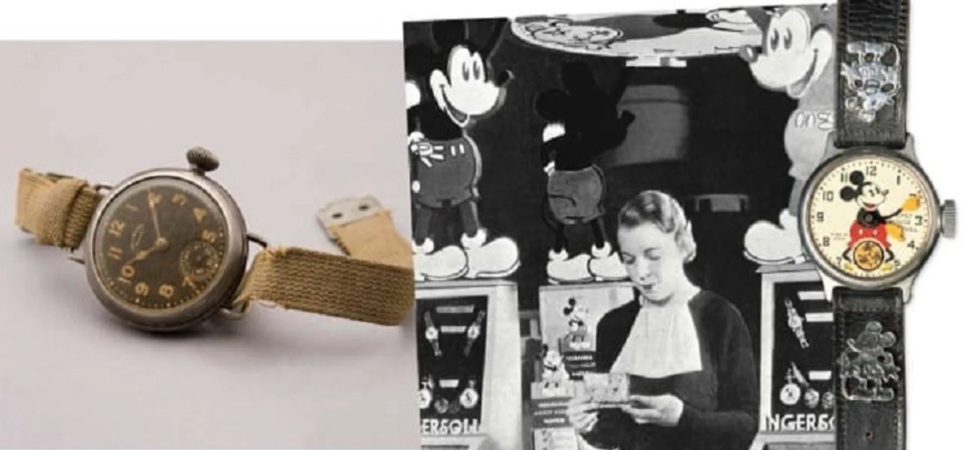 Timex heritage mosaic: early trench-style wristwatch, historical Ingersoll booth with Mickey Mouse display, vintage Mickey M…
