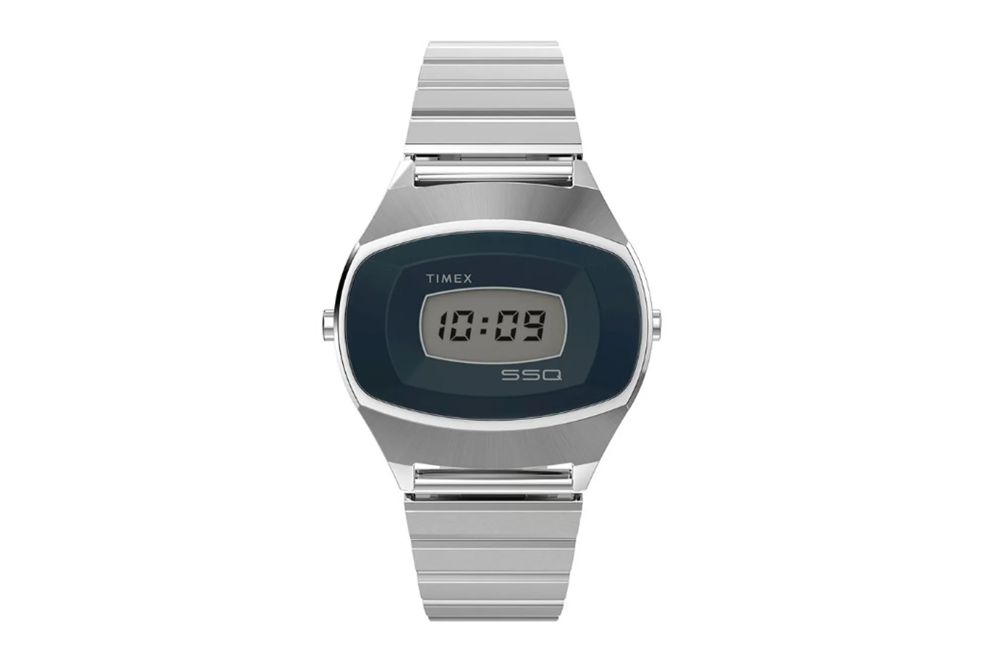 Timex SSQ digital reissue watch front view: LCD showing 10:09, blue-grey bezel, Timex and SSQ branding, stainless steel tonn…