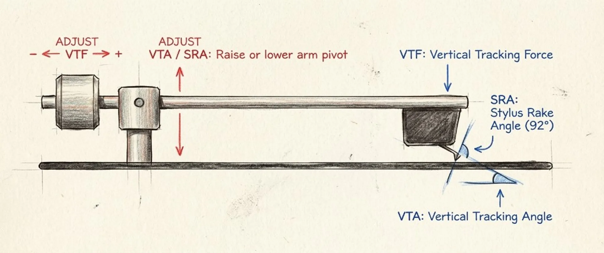 Side-view sketch of a tonearm on vinyl: VTF vertical tracking force, VTA, SRA stylus rake angle, and red labels for counterw…