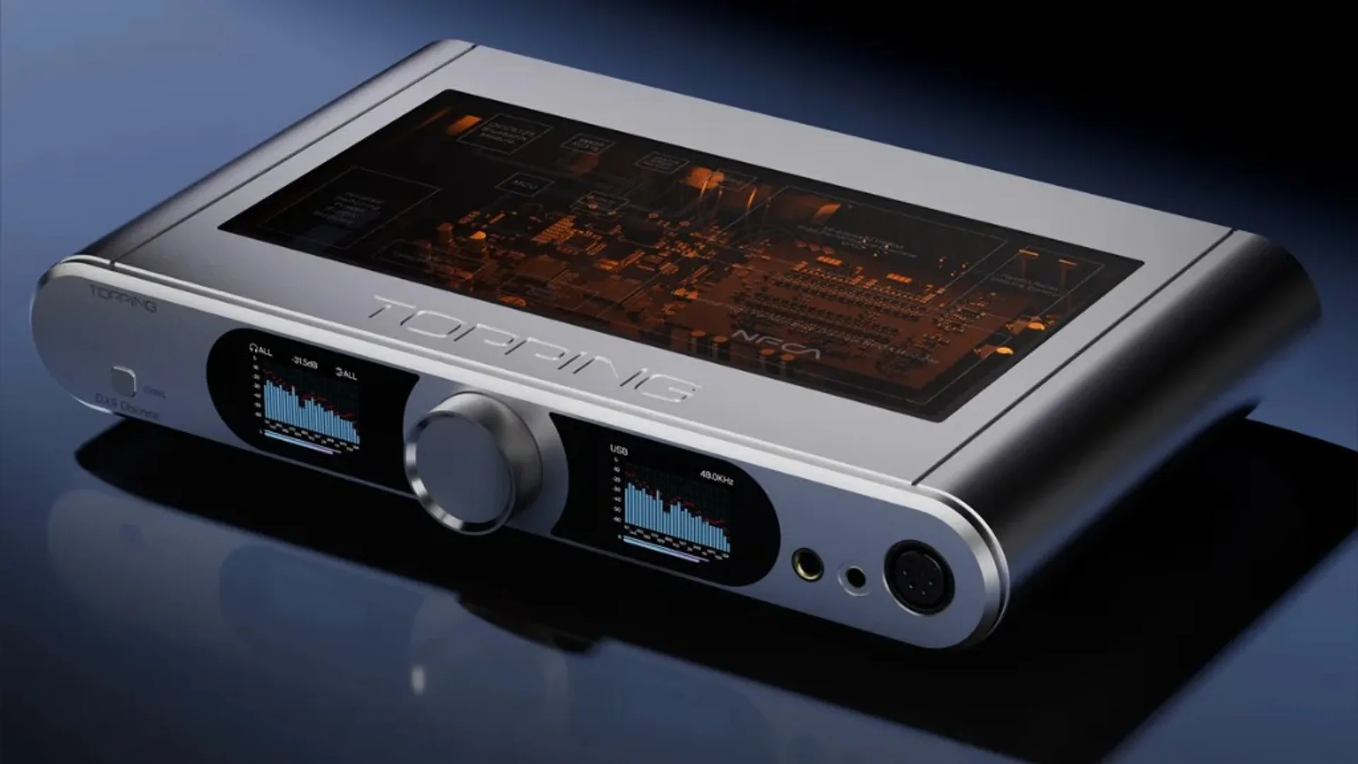 Topping DX9 Discrete front angle render showing dual displays, volume knob, and top panel window.
