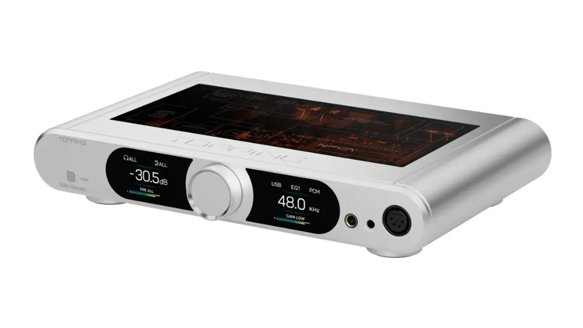 Topping DX9 Discrete DAC, headphone amplifier, and preamp unit on white background.