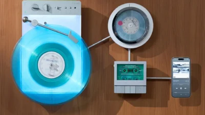 Top-down view of Trettitre TTT-LP3 vertical wireless turntable with glowing base, cyan vinyl, wall-mounted CD player, casset…