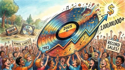 Editorial illustration: crowd celebrates a giant vinyl record with a growth chart from 1983 to 2025, 1,000,000,000+ and doll…