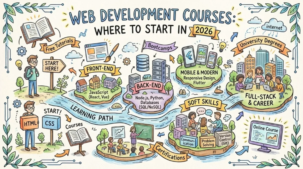 Infographic learning path for web development in 2026: start with HTML and CSS, then front-end JavaScript frameworks, back-e…