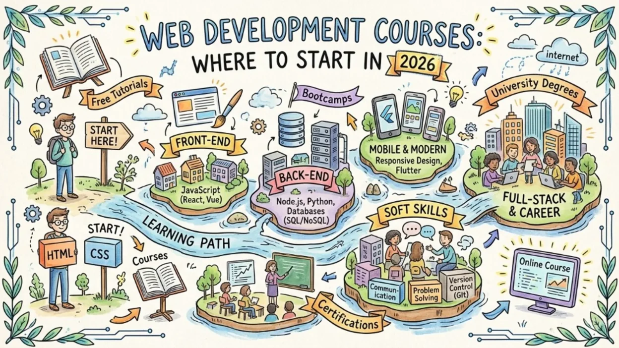Infographic learning path for web development in 2026: start with HTML and CSS, then front-end JavaScript frameworks, back-e…