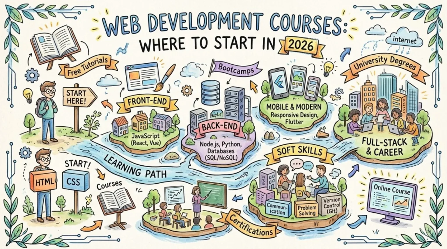 Infographic learning path for web development in 2026: start with HTML and CSS, then front-end JavaScript frameworks, back-e…
