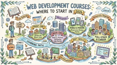 Infographic learning path for web development in 2026: start with HTML and CSS, then front-end JavaScript frameworks, back-e…