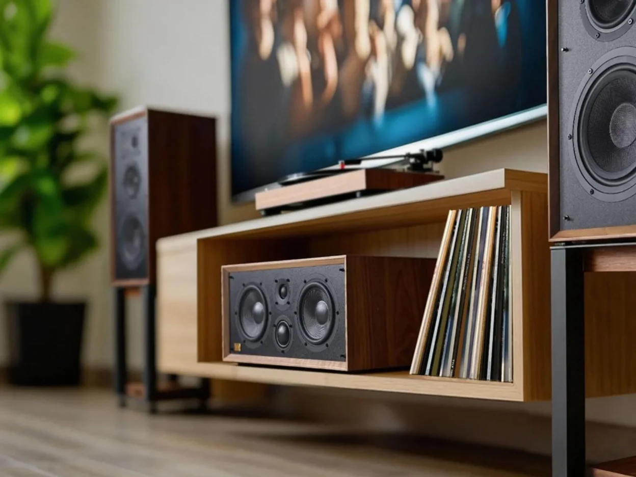 Wharfedale Heritage Centre center speaker in a light wood media console with vinyl records, matching Heritage mains and turn…