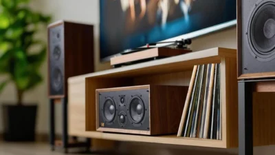 Wharfedale Heritage Centre center speaker in a light wood media console with vinyl records, matching Heritage mains and turn…