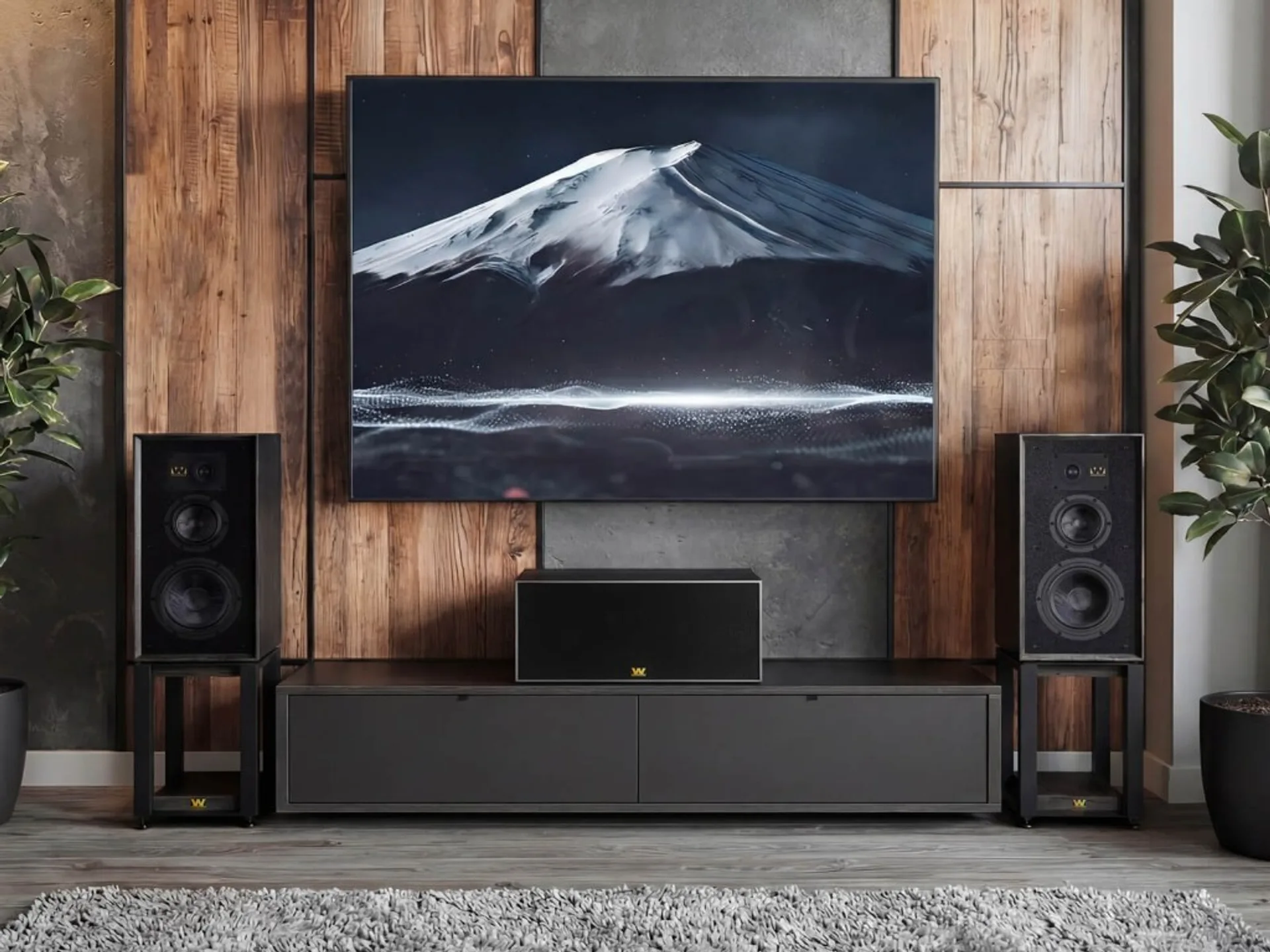 Wharfedale Heritage Centre under wall-mounted TV with Super Linton stand-mount speakers on open stands, dark media console a…