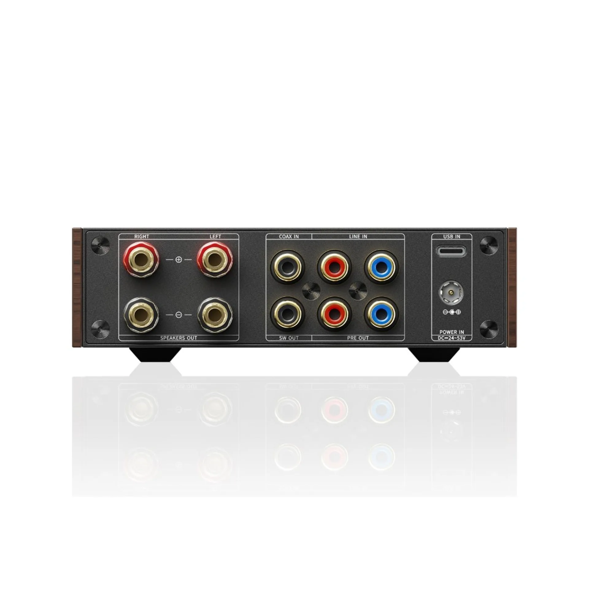 Rear panel of FiiO Jade Audio Level 1 showing speaker binding posts, coax and RCA line inputs, USB-C, sub-out, pre-out, and DC power input.