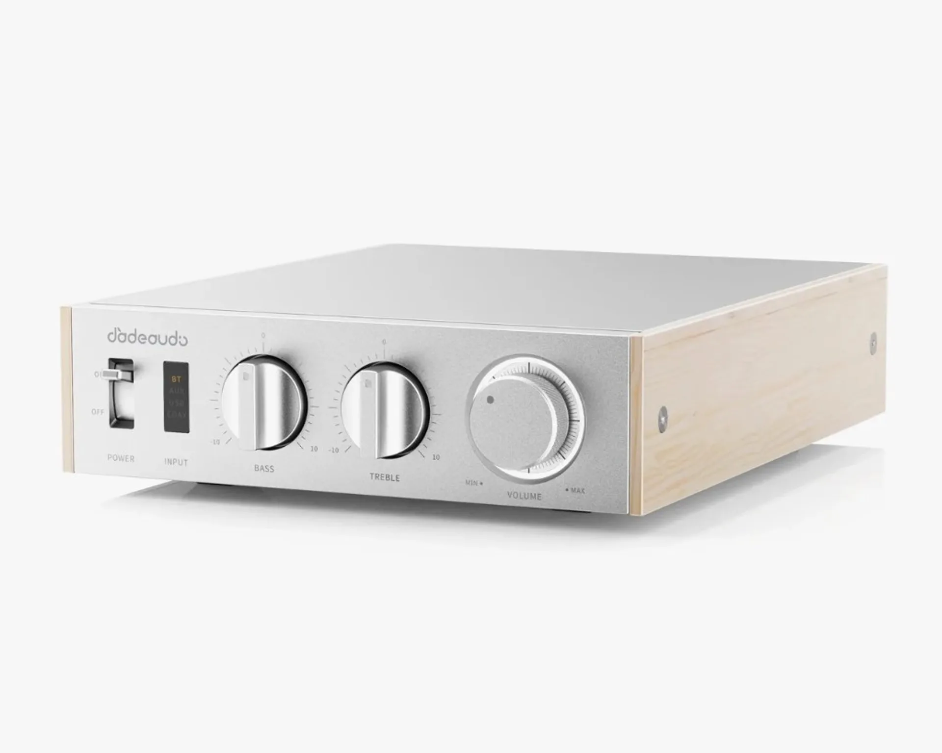 FiiO Jade Audio Level 1 amplifier in silver finish with maple wood side panels, showing power switch, input selector, bass, treble, and volume knobs.