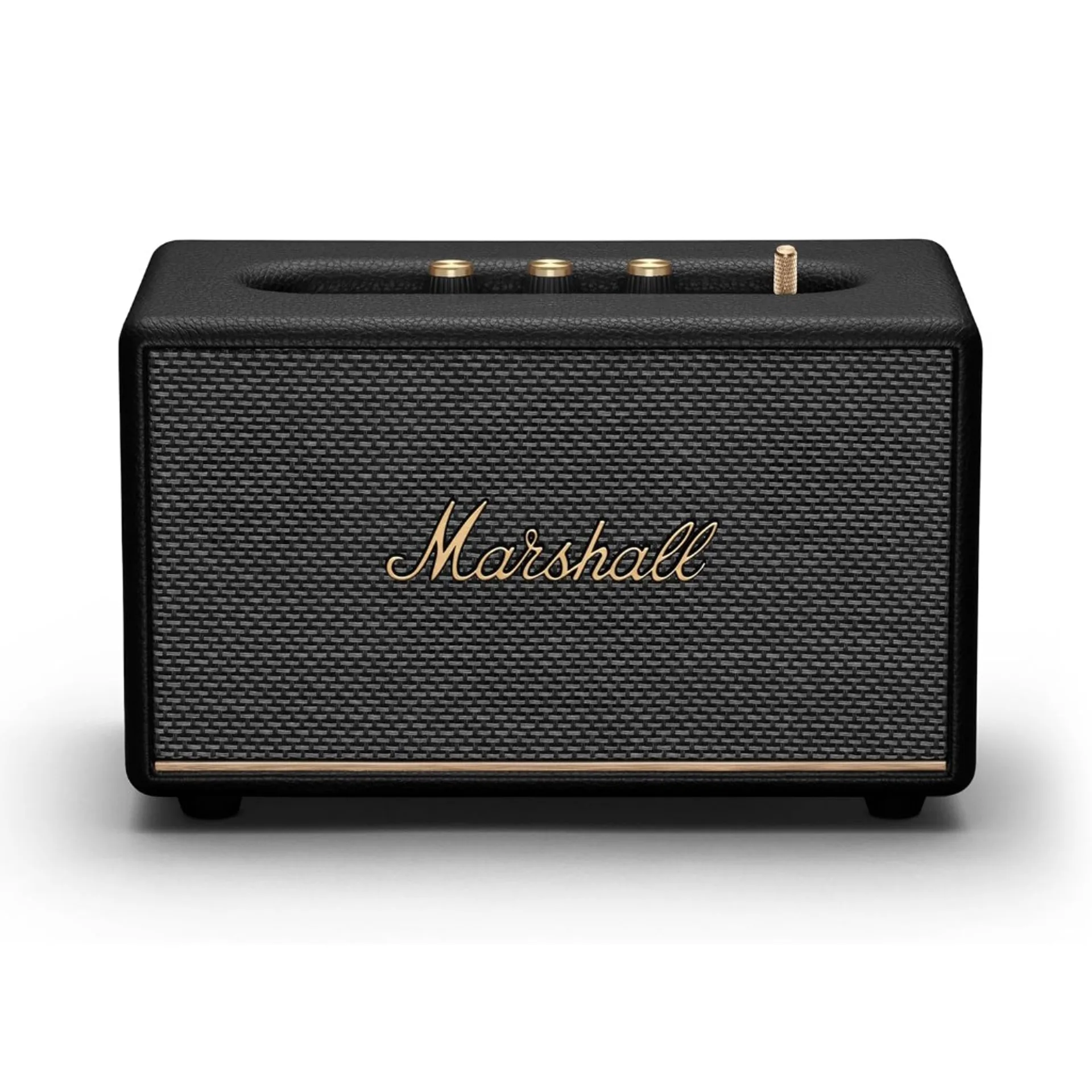 Marshall Acton III Bluetooth home speaker in black with brass logo and top-panel controls.
