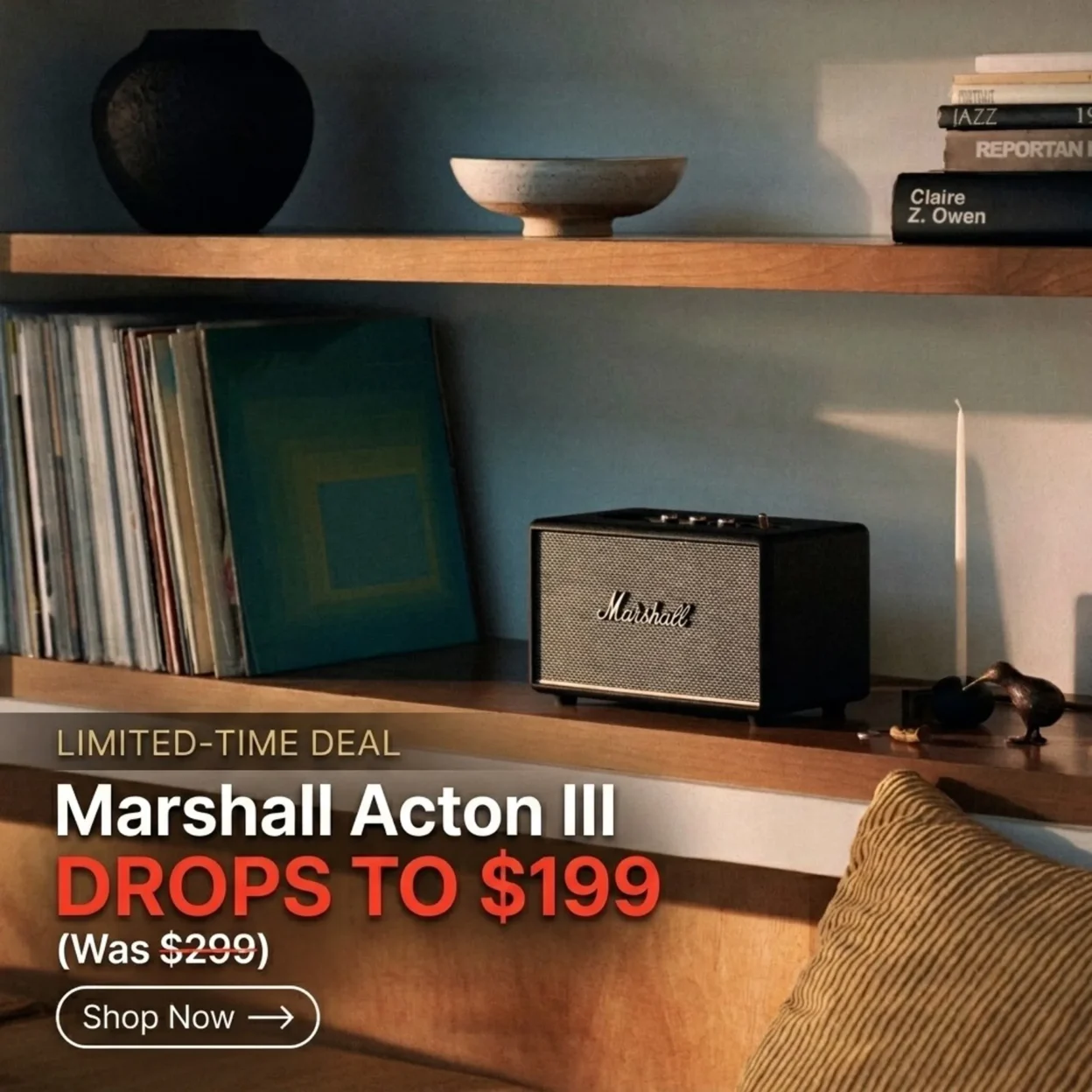 Promotional graphic: black Marshall Acton III on a wooden shelf beside vinyl records with limited-time deal text showing pri…