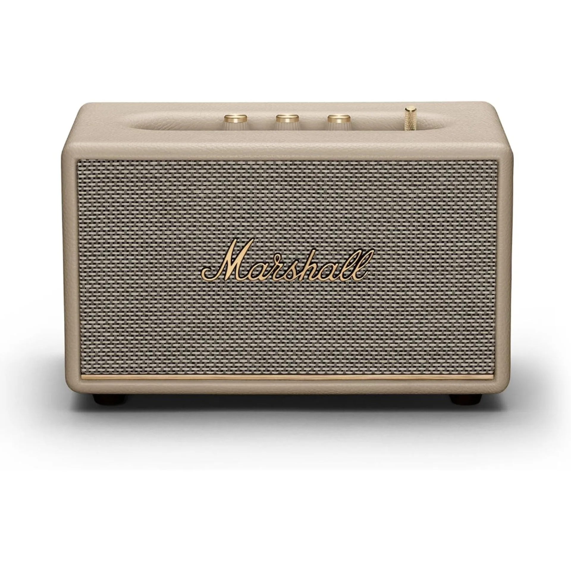 Front view of cream Marshall Acton III Bluetooth speaker with gold script logo and brass control knobs on a neutral background.