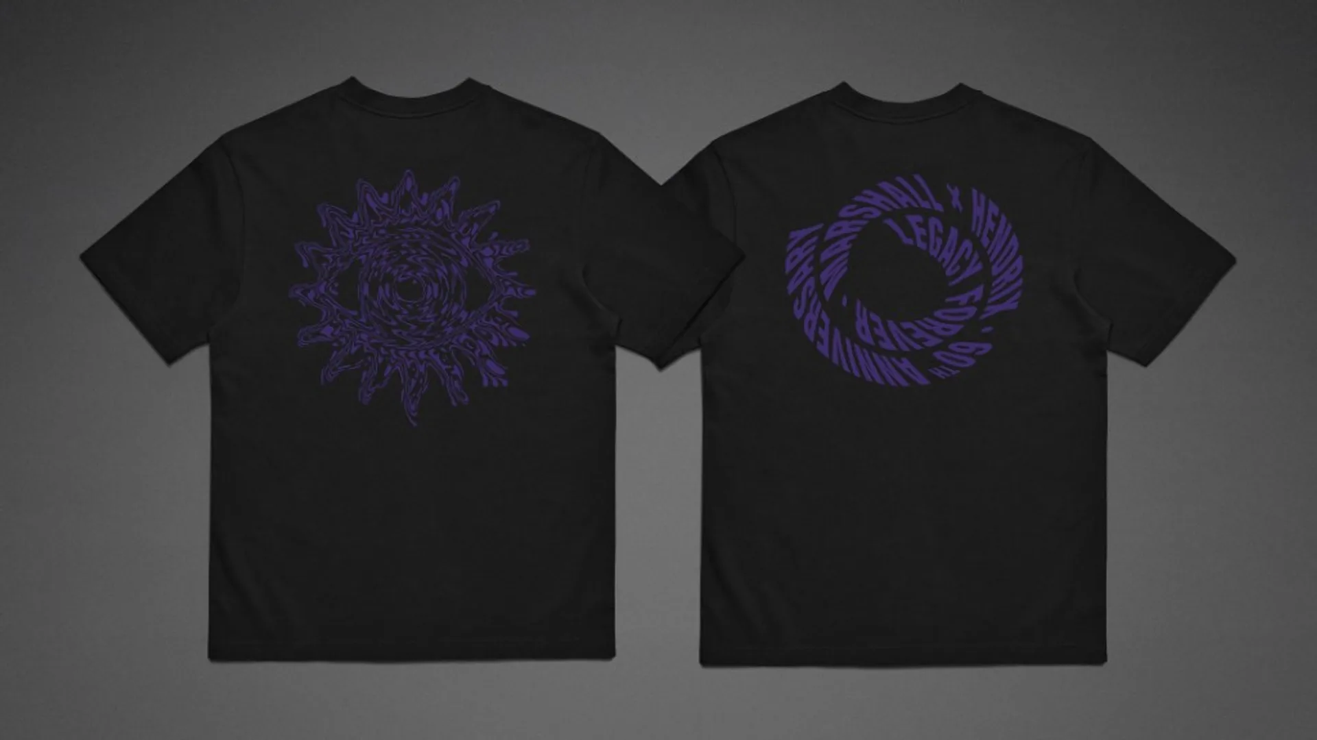 Marshall x Hendrix 60th Anniversary black t-shirts with purple psychedelic graphics