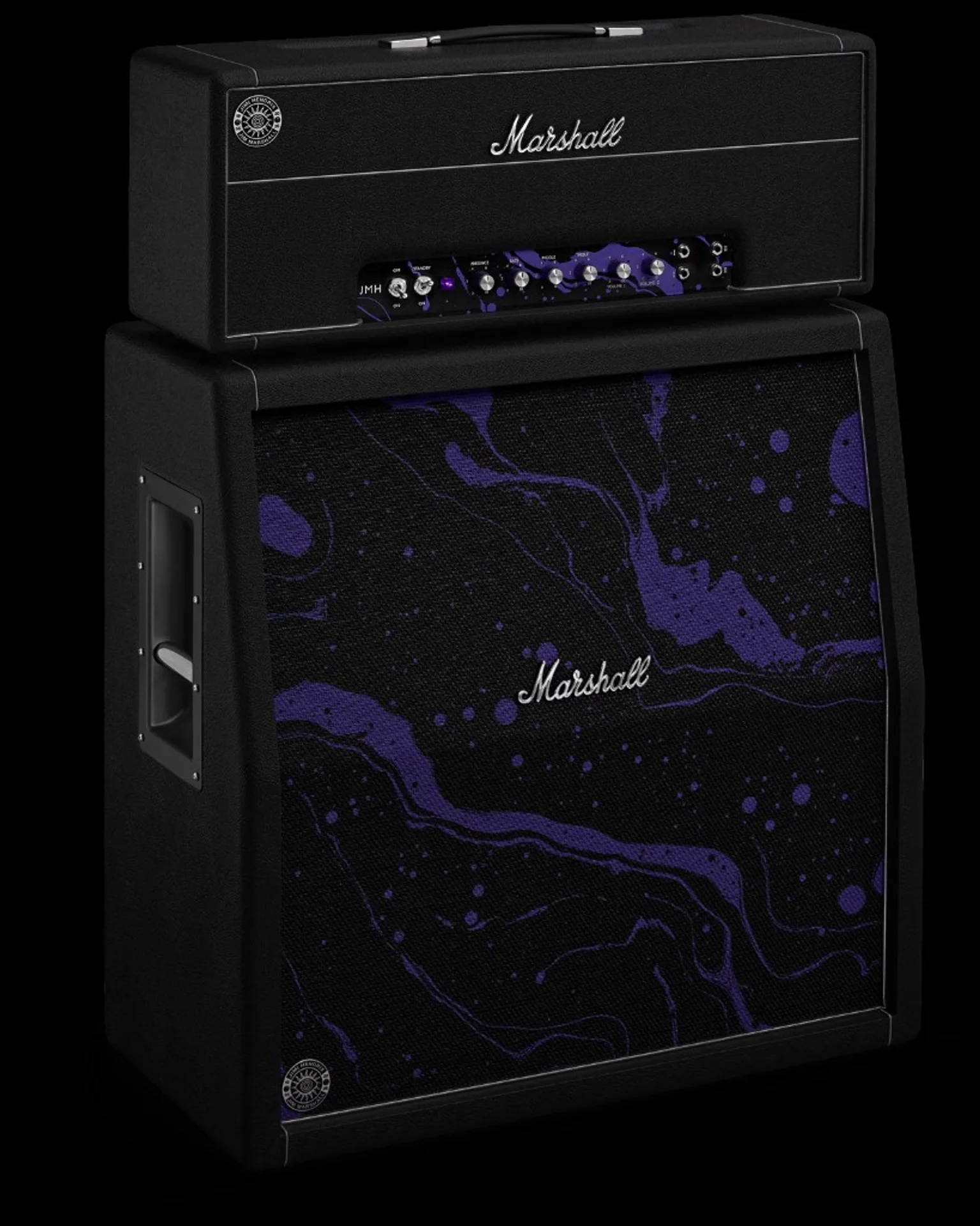 Marshall x Jimi Hendrix 60th Anniversary half stack with purple psychedelic marble speaker grille and matching control panel on black tolex cabinets.