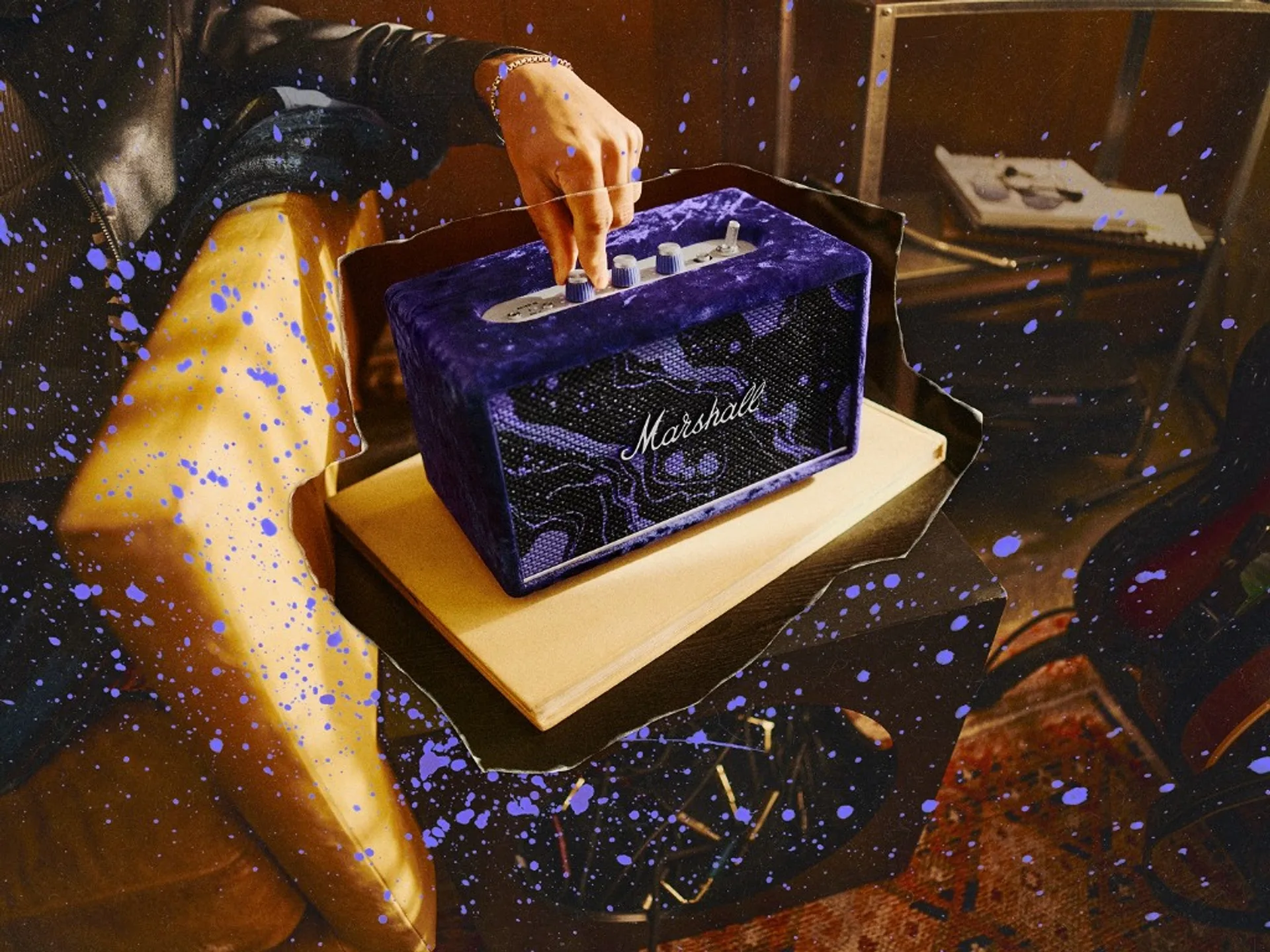 Marshall x Hendrix Acton III special edition with purple crushed velvet, psychedelic grille cloth, and hand adjusting silver control knobs with stylised purple splatter.
