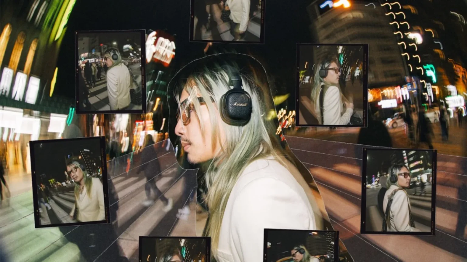 Person wearing Marshall Milton ANC headphones walking through a neon-lit city at night with photo collage overlay.