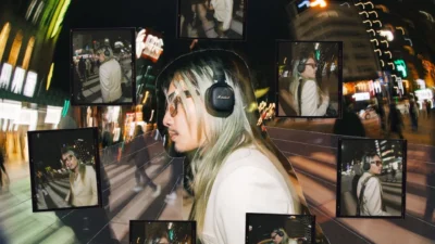 Person wearing Marshall Milton ANC headphones walking through a neon-lit city at night with photo collage overlay.