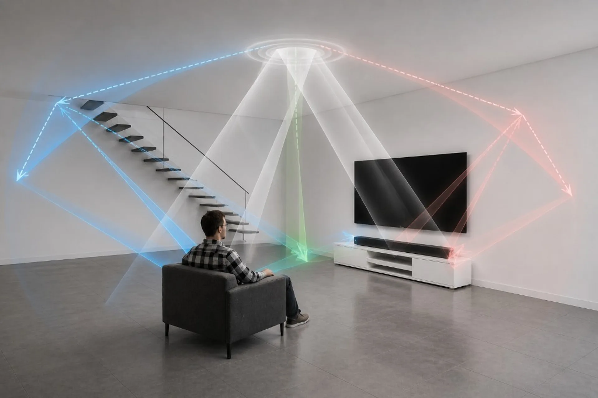 Visualization of a soundbar projecting surround beams that reflect off walls and ceiling toward the listener in a modern living room.