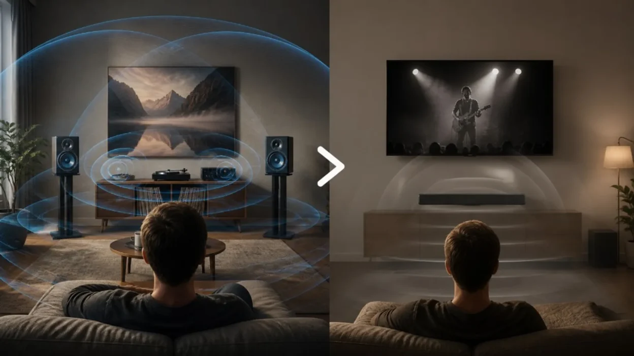 Side-by-side comparison of bookshelf stereo speakers with turntable versus a TV soundbar setup, illustrating different sound…