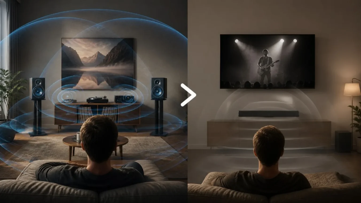 Side-by-side comparison of bookshelf stereo speakers with turntable versus a TV soundbar setup, illustrating different sound…