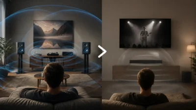 Side-by-side comparison of bookshelf stereo speakers with turntable versus a TV soundbar setup, illustrating different sound…