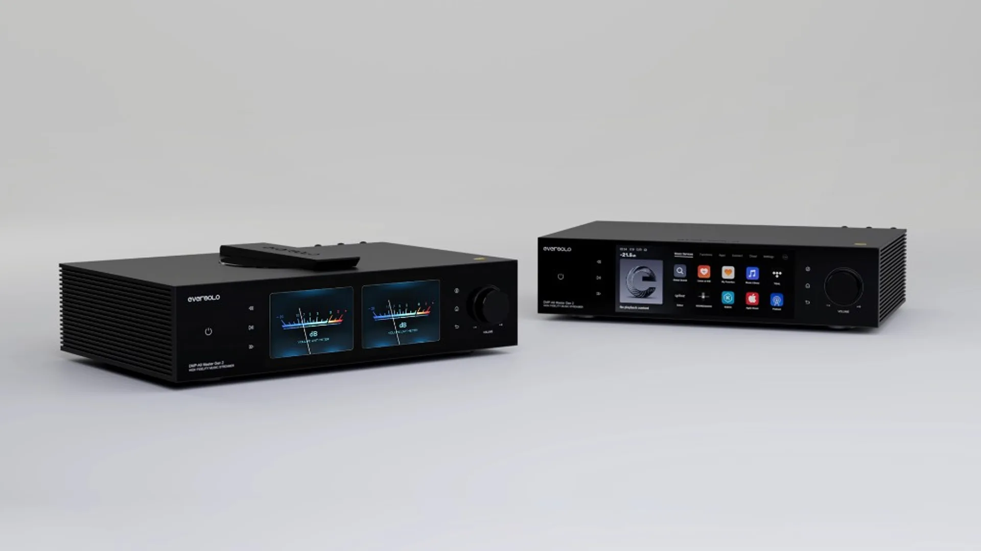 Eversolo DMP-A8 Gen 2 streaming amplifier with touchscreen and source and volume knobs on a modern USM cabinet.