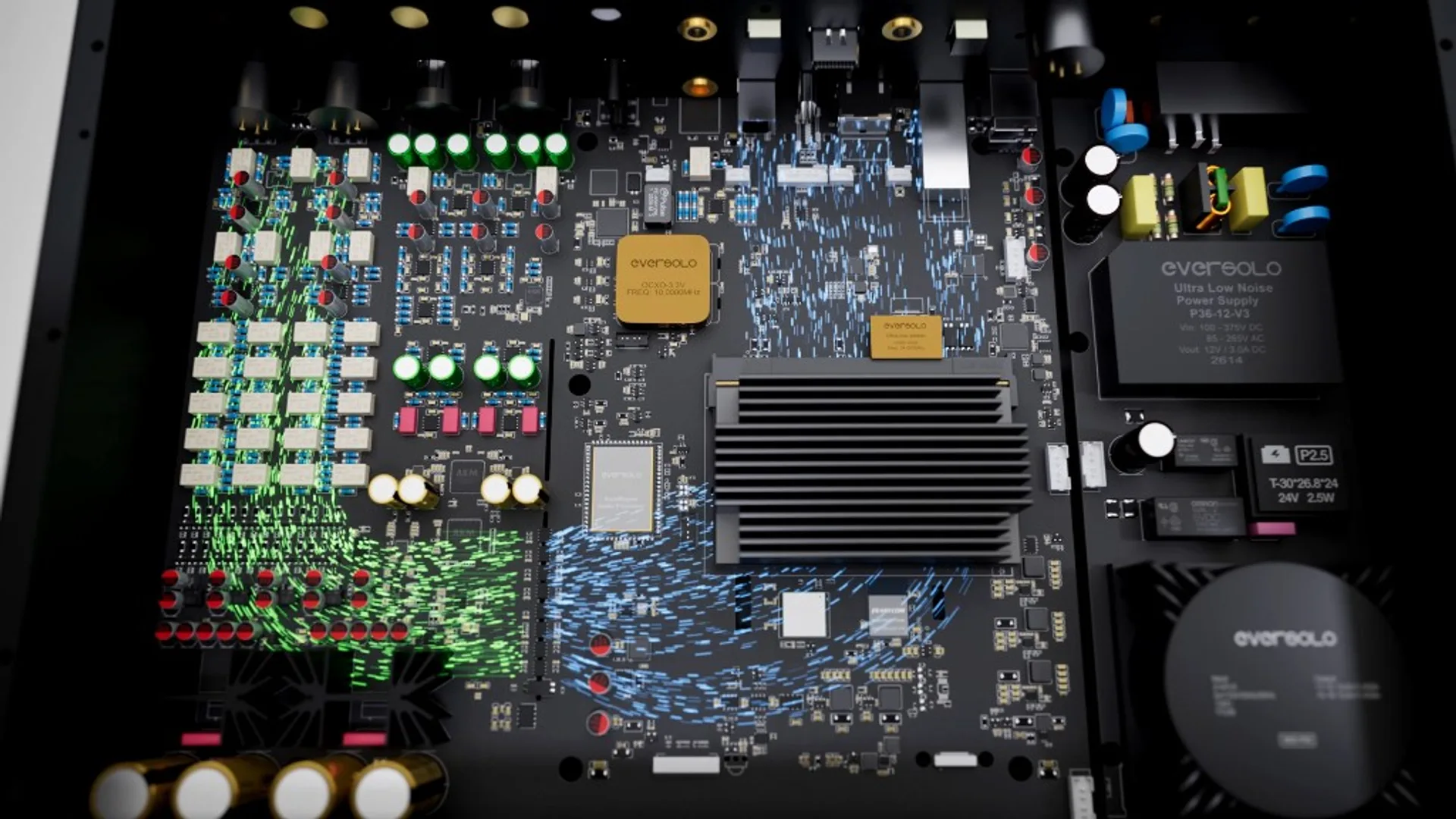Internal view of Eversolo DMP-A8 Master Edition Gen 2 showing OCXO clock, power supply, and high-quality capacitors.