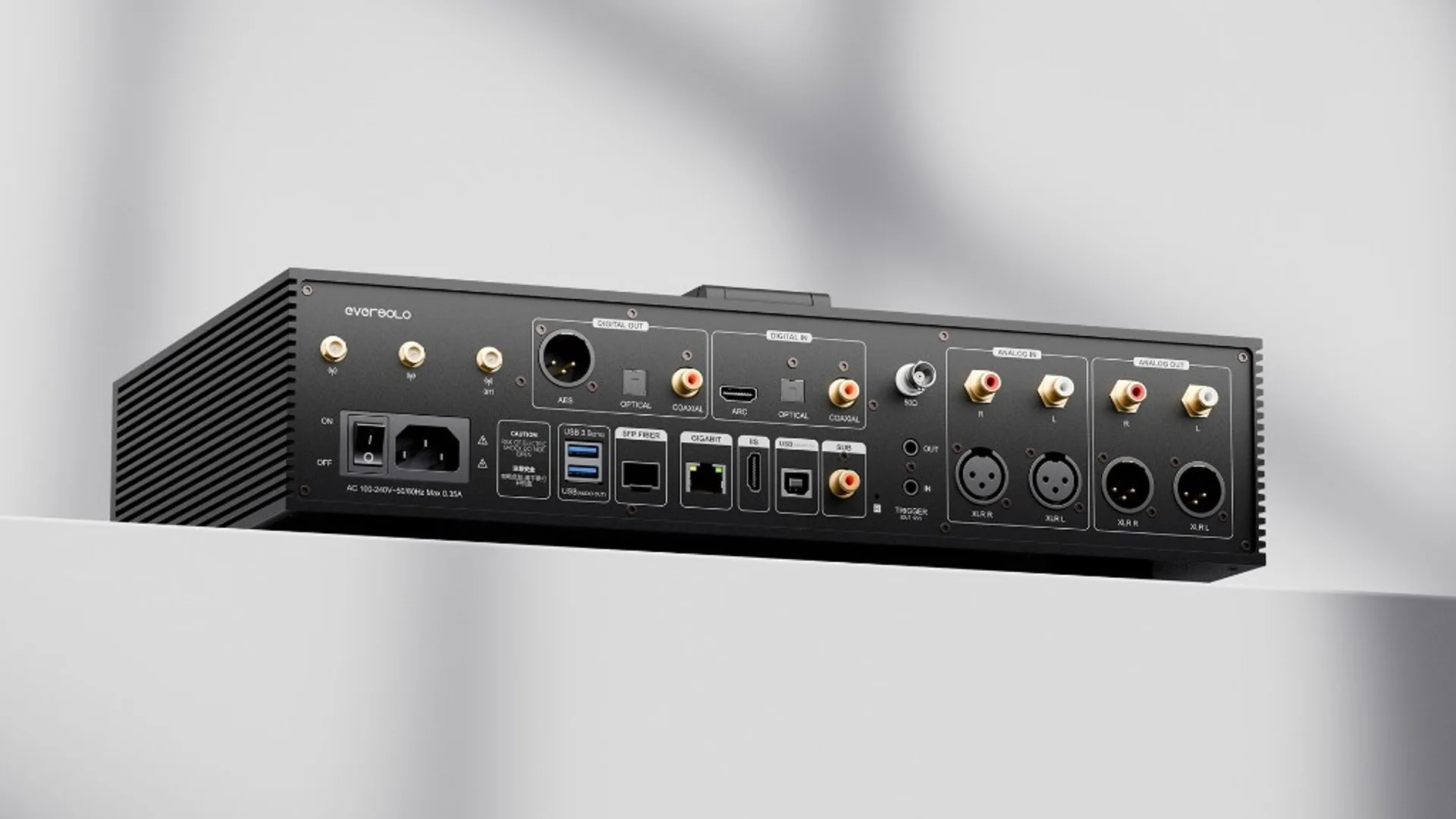 Rear panel of Eversolo device showing 2.5G Ethernet, SFP fiber, USB, AES/EBU, coax, optical, and 10 MHz clock BNC connectors.