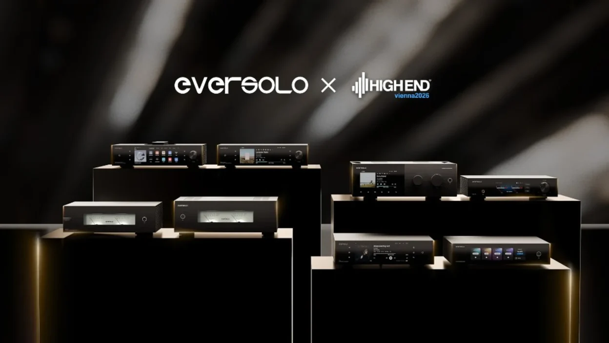 Eight Eversolo high-end audio components arranged on tiered beige pedestals with VU meters and touchscreen displays.