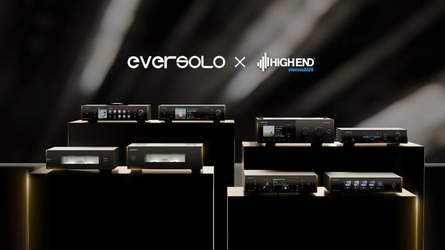 Eight Eversolo high-end audio components arranged on tiered beige pedestals with VU meters and touchscreen displays.