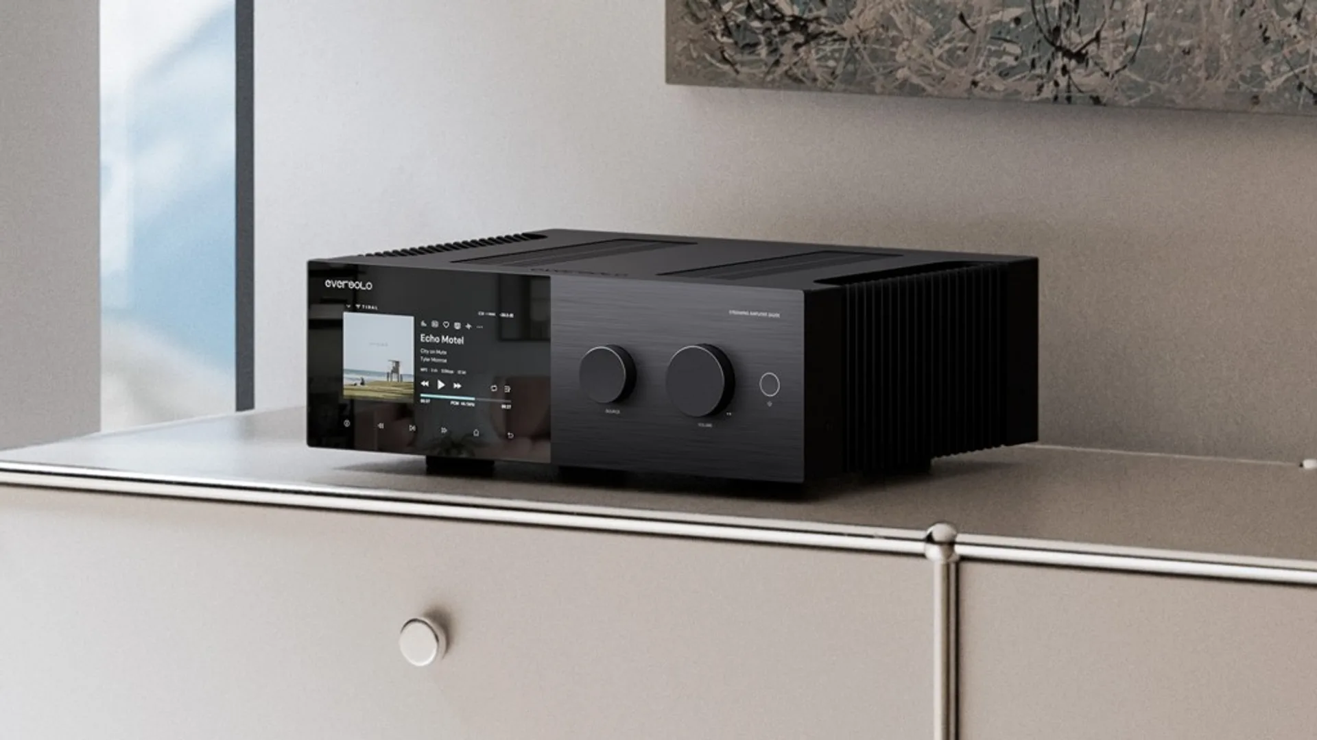 Eversolo SA200 integrated streaming amplifier with large touchscreen and dual control knobs.