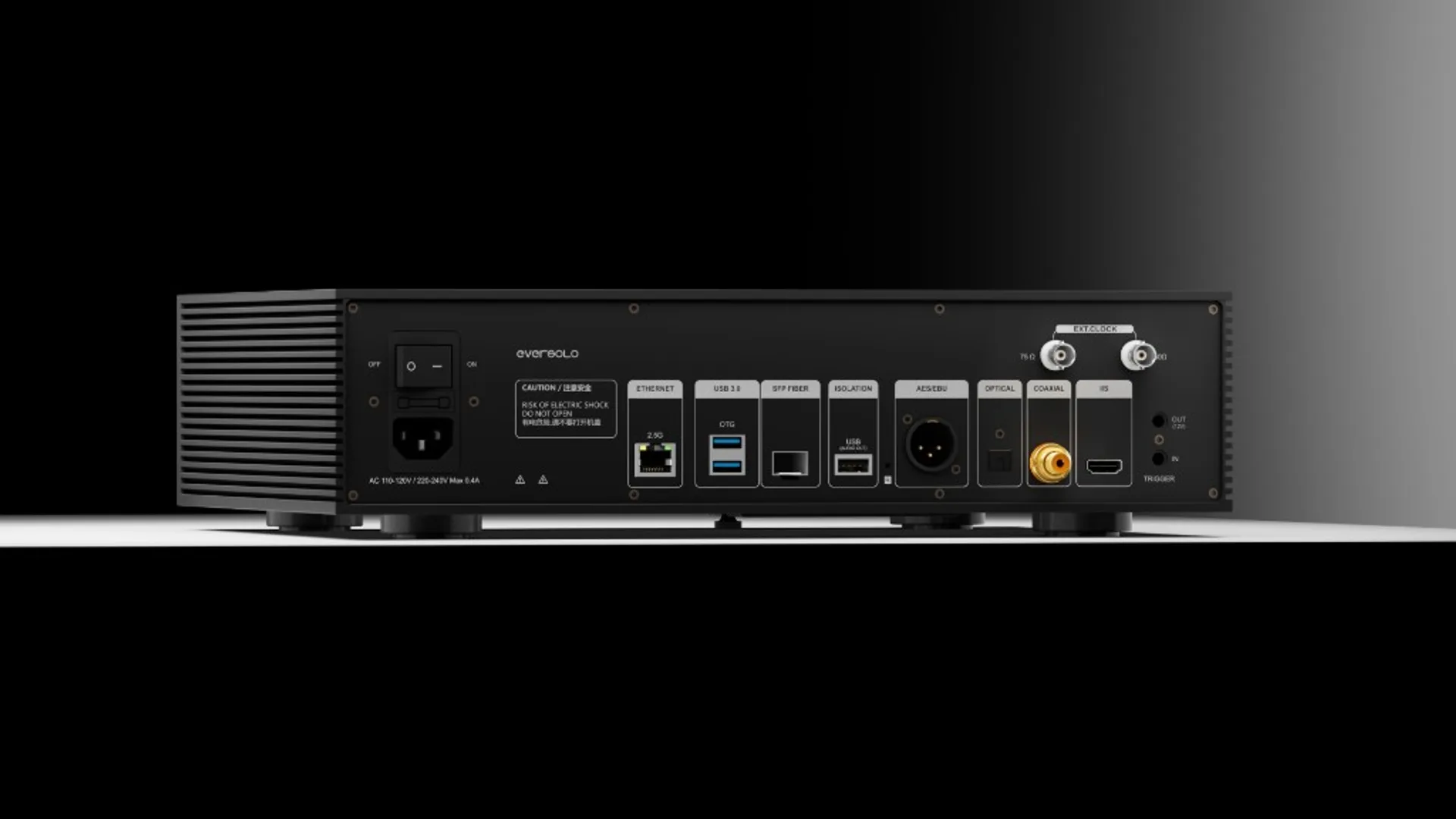Eversolo T10 Streaming Transport side angle showing cooling fins and touchscreen display.