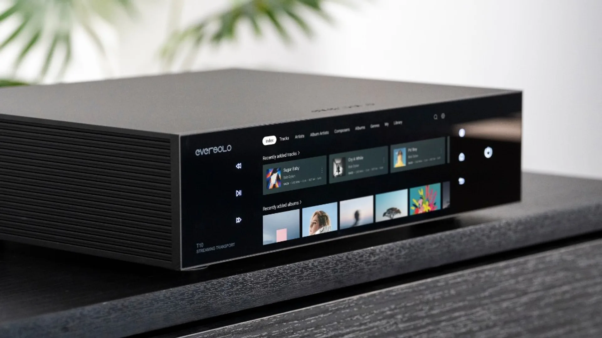 Close-up of Eversolo T10 Streaming Transport touchscreen interface with music browsing cards.