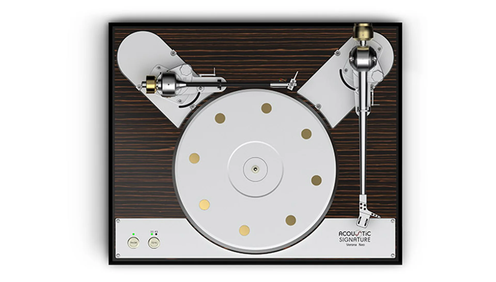 Top view of Acoustic Signature Verona Neo with glossy Makassar wood surface and platter