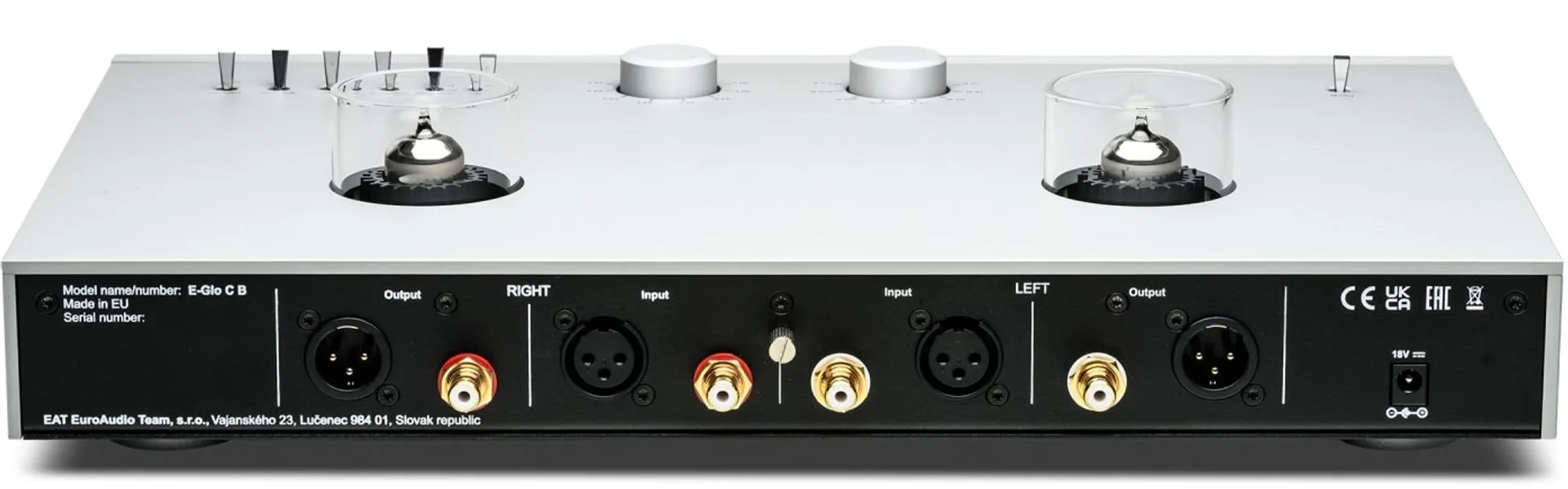 Rear panel of EAT E-Glo CB with balanced XLR and RCA inputs and outputs