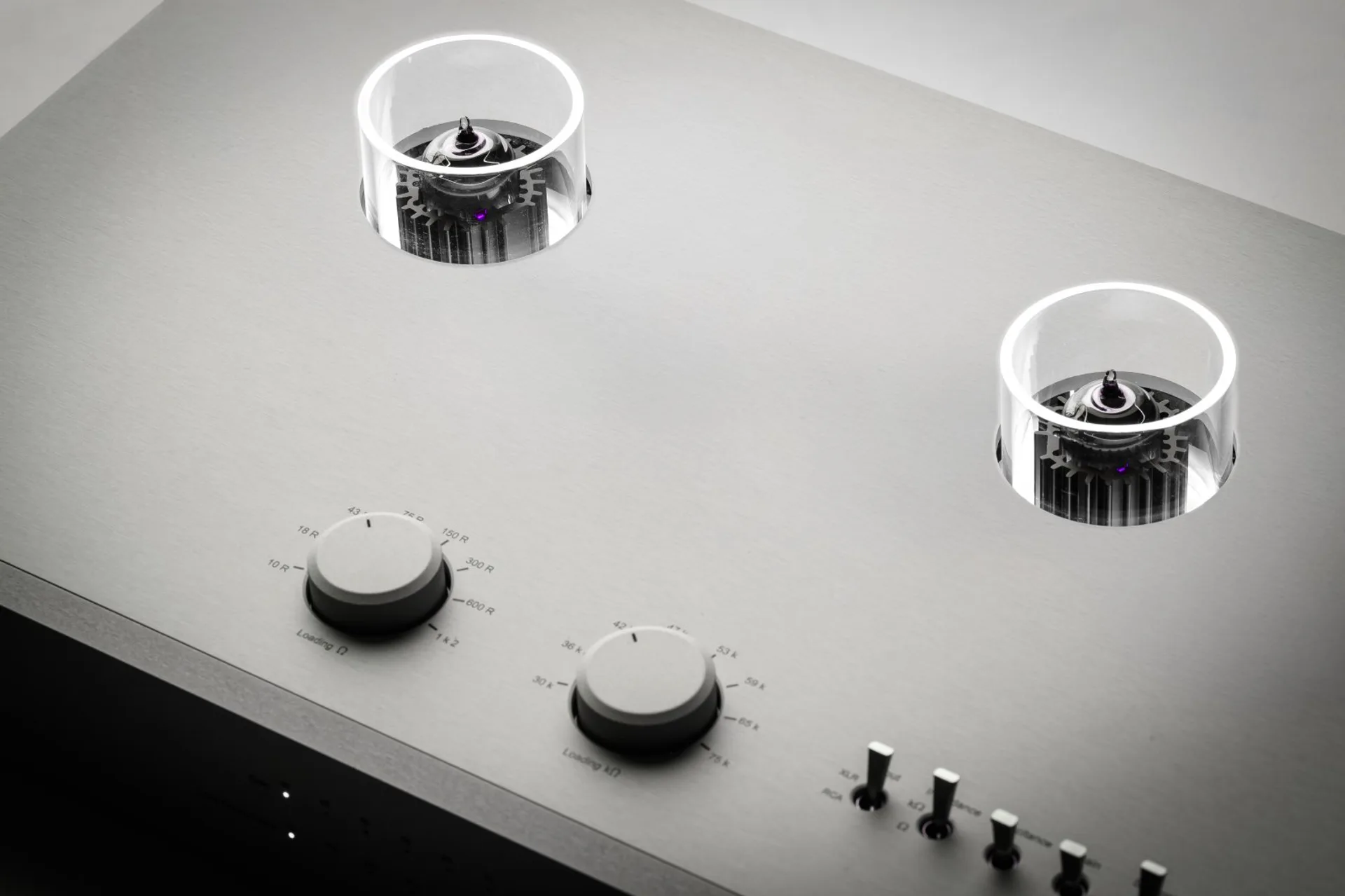 EAT E-Glo CB silver chassis front panel with gold logo and control knobs