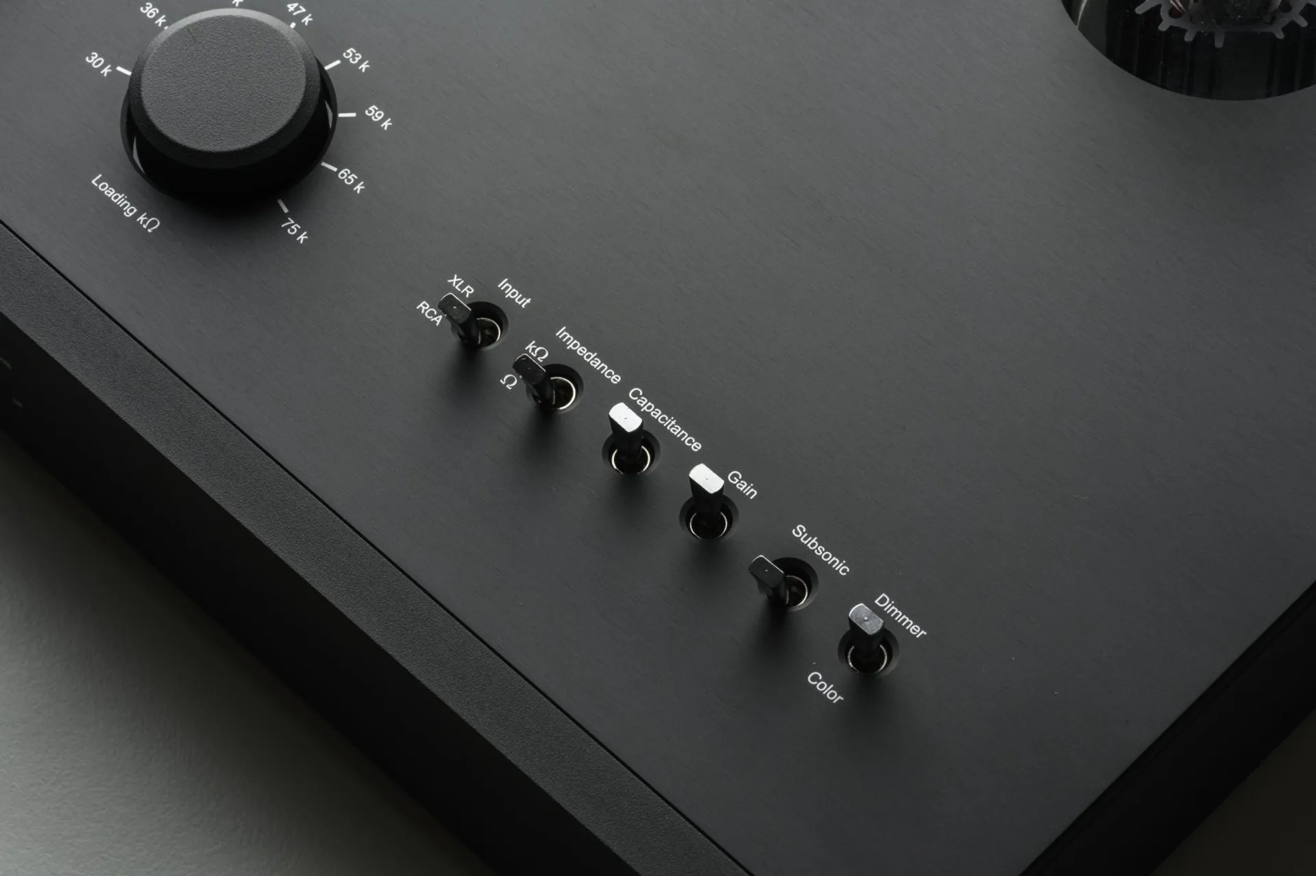 EAT E-Glo SB black chassis front panel with gold logo and control knobs