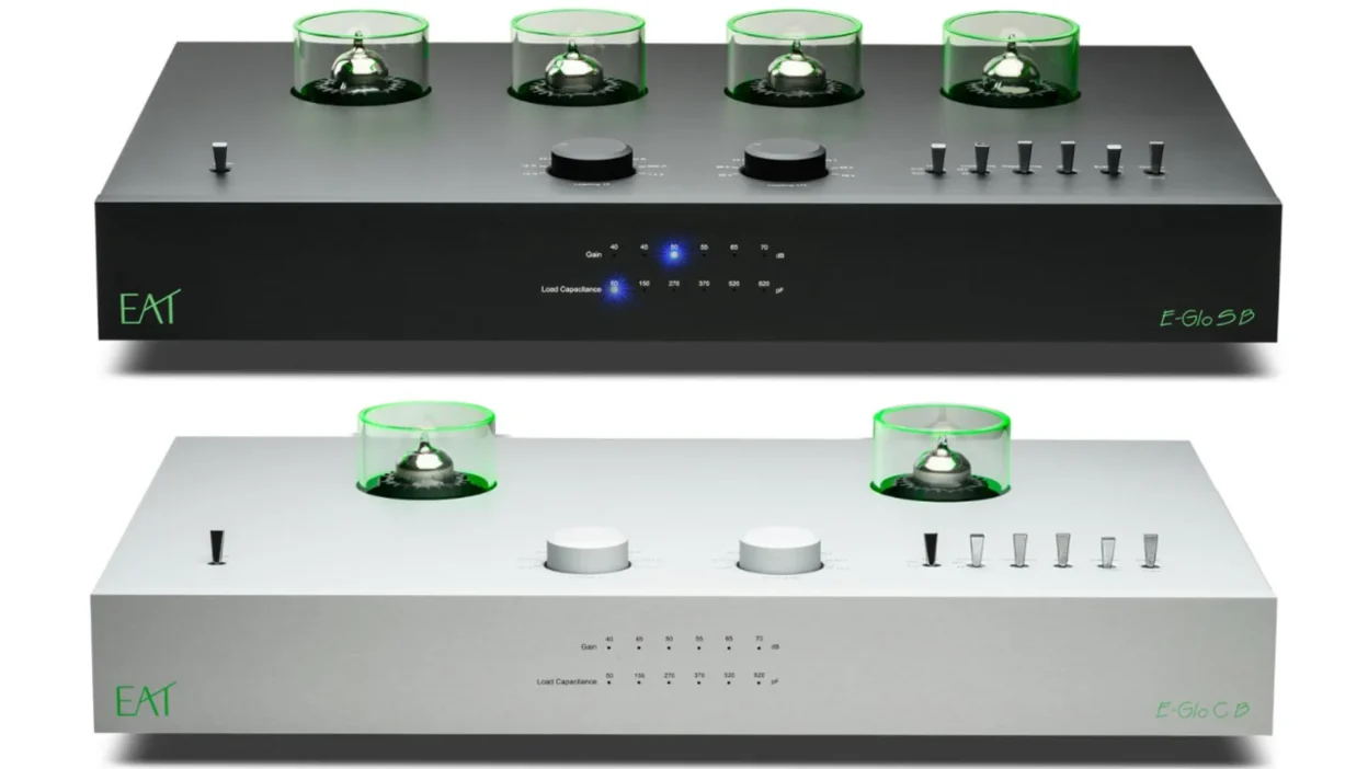 EAT E-Glo SB black and E-Glo CB silver balanced phono stages side by side