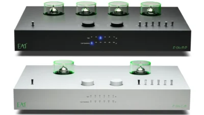 EAT E-Glo SB black and E-Glo CB silver balanced phono stages side by side