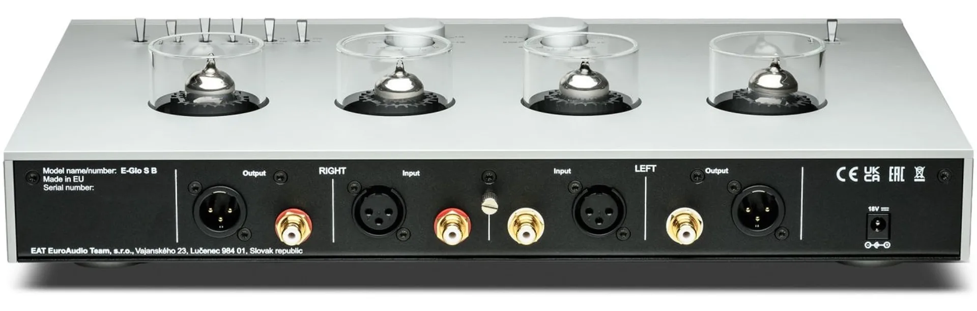 Rear panel of EAT E-Glo SB with balanced XLR and RCA inputs and outputs