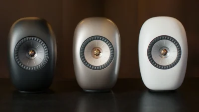 KEF LS LUXE wireless speakers in Eclipse Black, Dusk Titanium, and Mineral White finishes