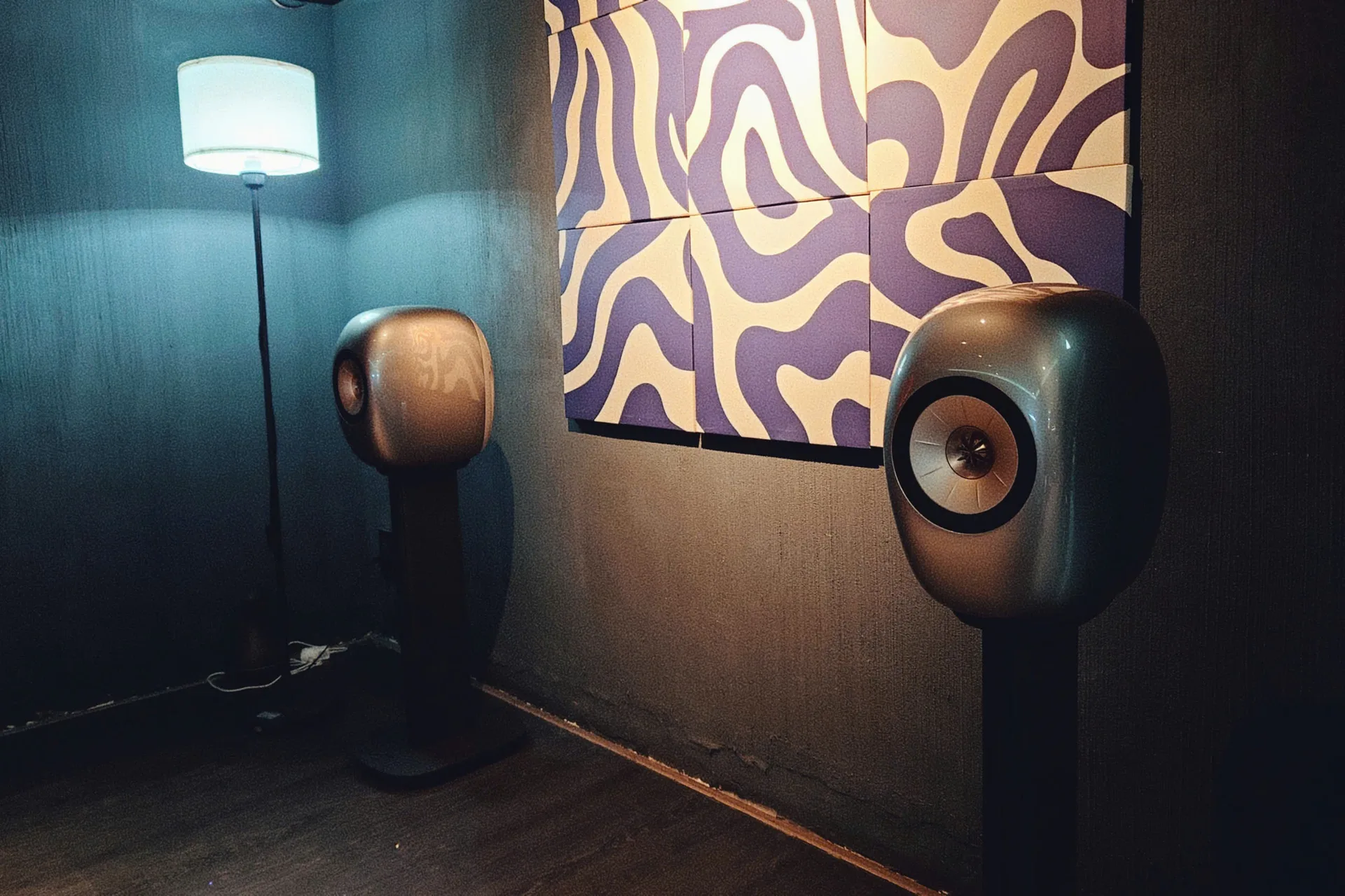KEF LS LUXE Dusk Titanium stereo pair on S-LUXE stands in a launch listening room