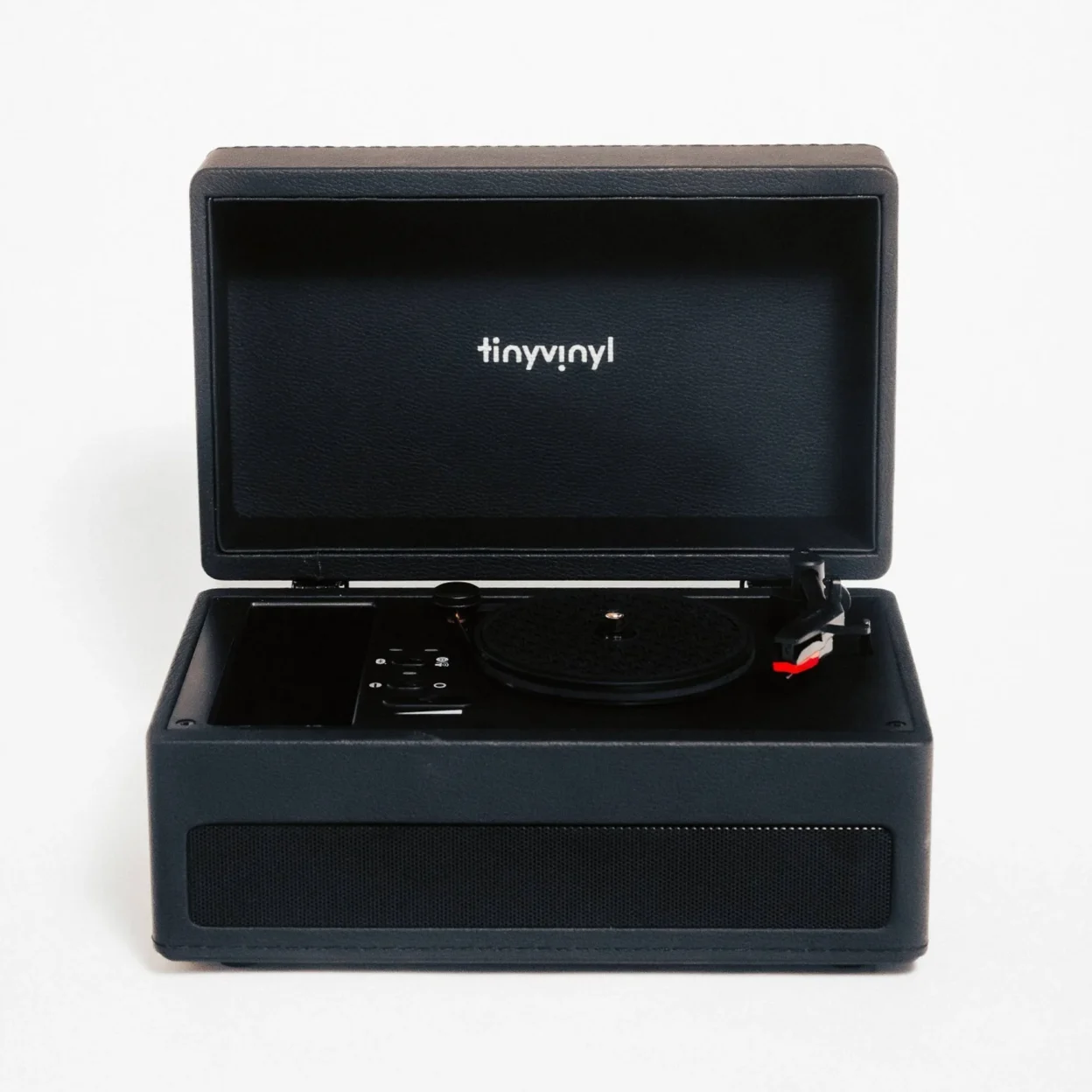 Tiny Vinyl Player black leatherette all-in-one turntable for 4-inch records