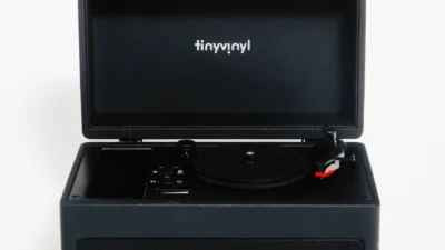 Tiny Vinyl Player black leatherette all-in-one turntable for 4-inch records