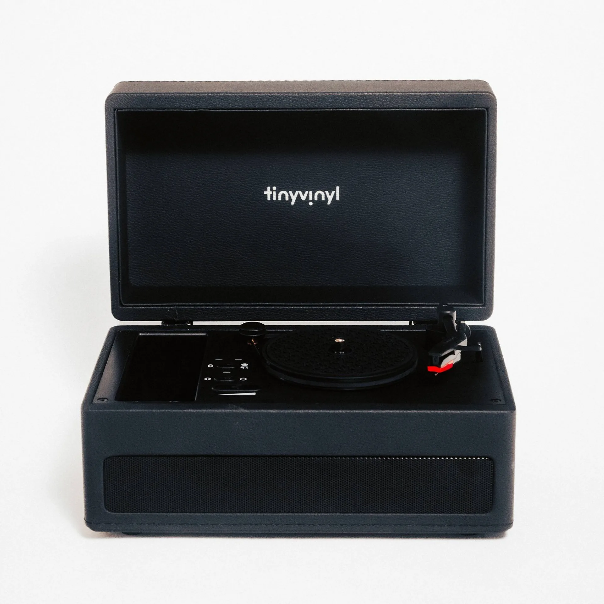 Tiny Vinyl Player black leatherette all-in-one turntable for 4-inch records