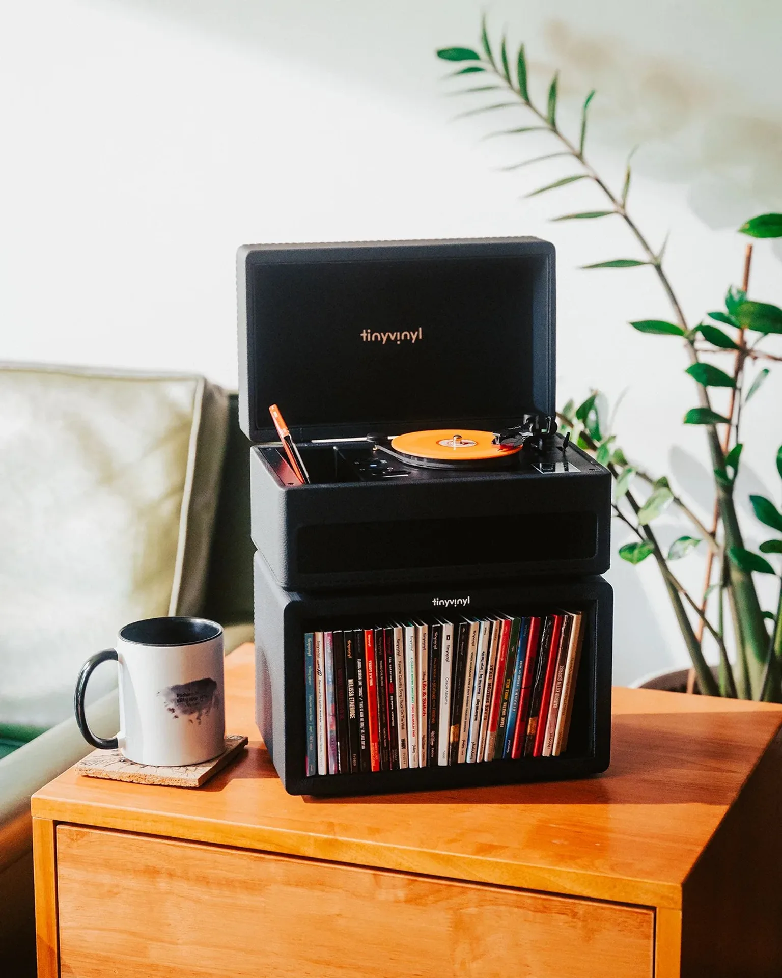 Tiny Vinyl Player stacked on matching storage Crate with leatherette finish